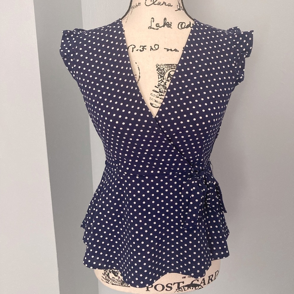 Navy mock wrap blouse
